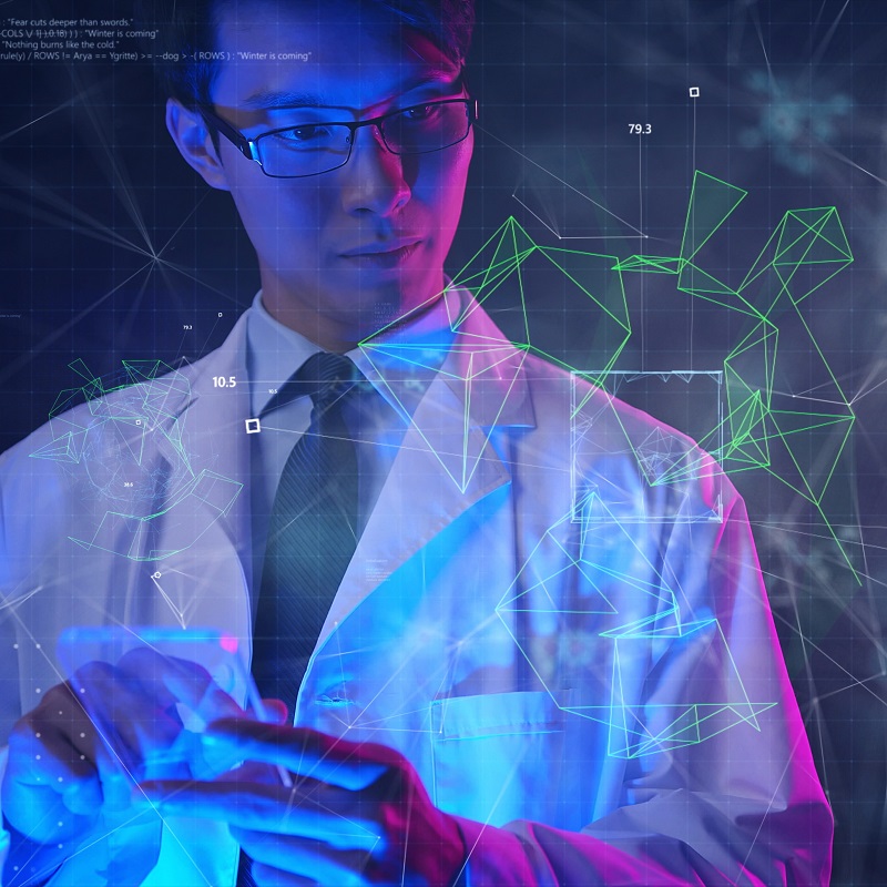 a scientist using a mobile phone in a futuristic background.