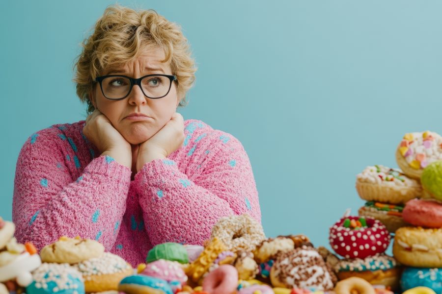 Person surrounded by sugary snacks, reflecting on the challenge of controlling sugar intake and weight.
