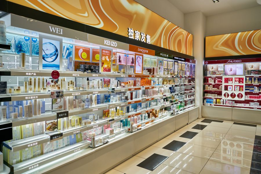 Shelves of beauty products in a store in China.