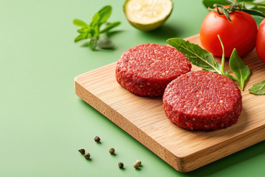 plant based meat with green leaves and tomatoes on a wooden board