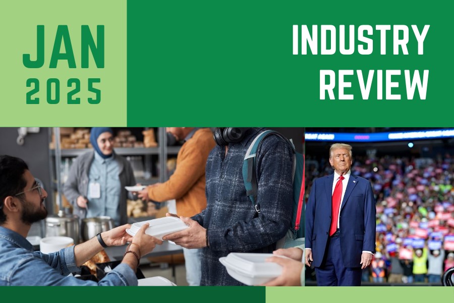 January Industry Review Slider with people being given food in Gaza and Trump standing with his back to his followers.