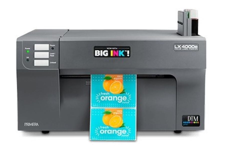 black printer with bright blue sticker showing oranges on it
