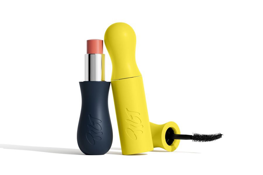 Image yellow and black mascara and lipstick packaging with round top for easy use