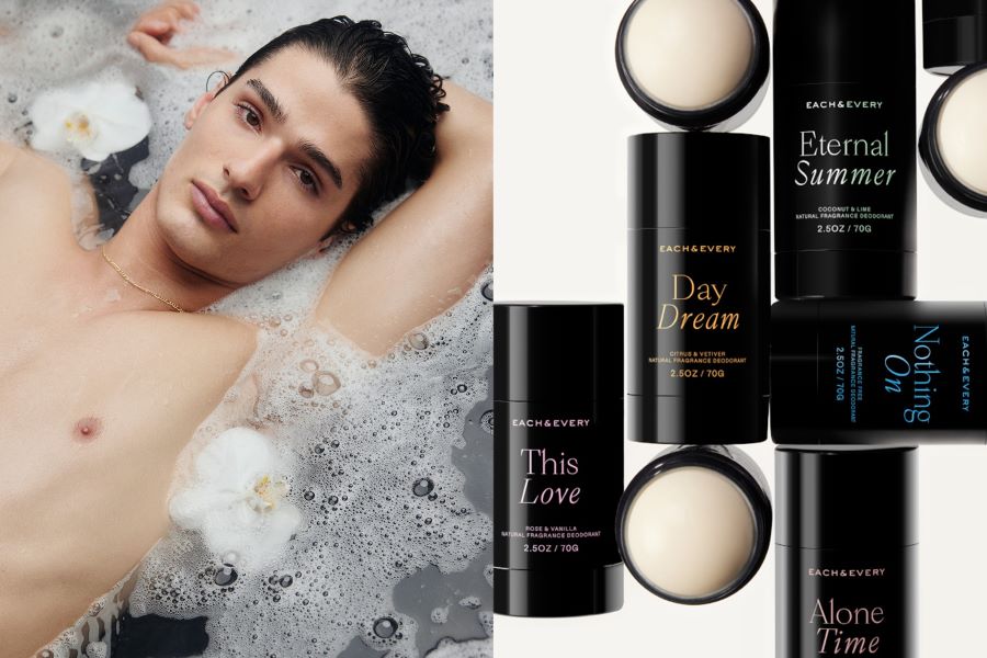 attractive man in bath with rose petals and deodorant on this right