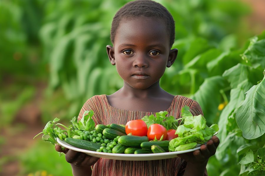 young african girl holds a plate of fresh veggies picked off farm young african girl holds a plate of fresh veggies picked off farm