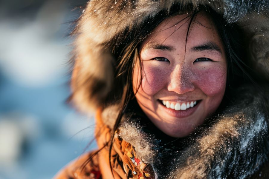 Inuit woman smiling in furry clothes