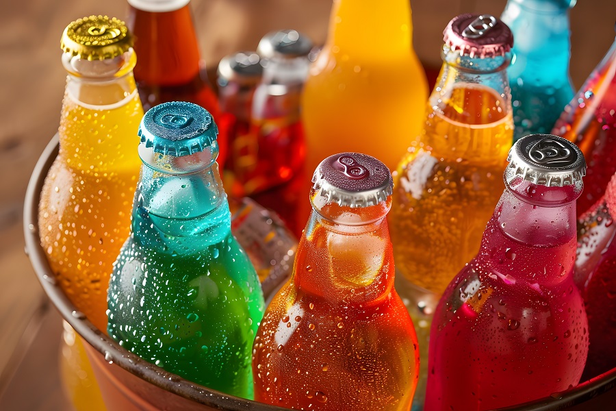 Colorful soft drinks in metal bucket on wood