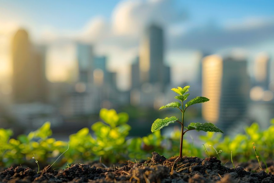 A budding tree begins to grow on a hill overlooking a city.
