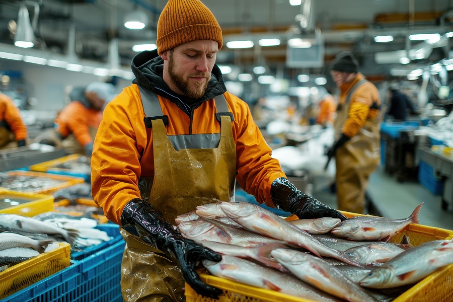 A fish market worker in protective gear sorting fresh fish in crates, showcasing seafood industry operations and fish processing A fish market worker in protective gear sorting fresh fish in crates, showcasing seafood industry operations and fish processing