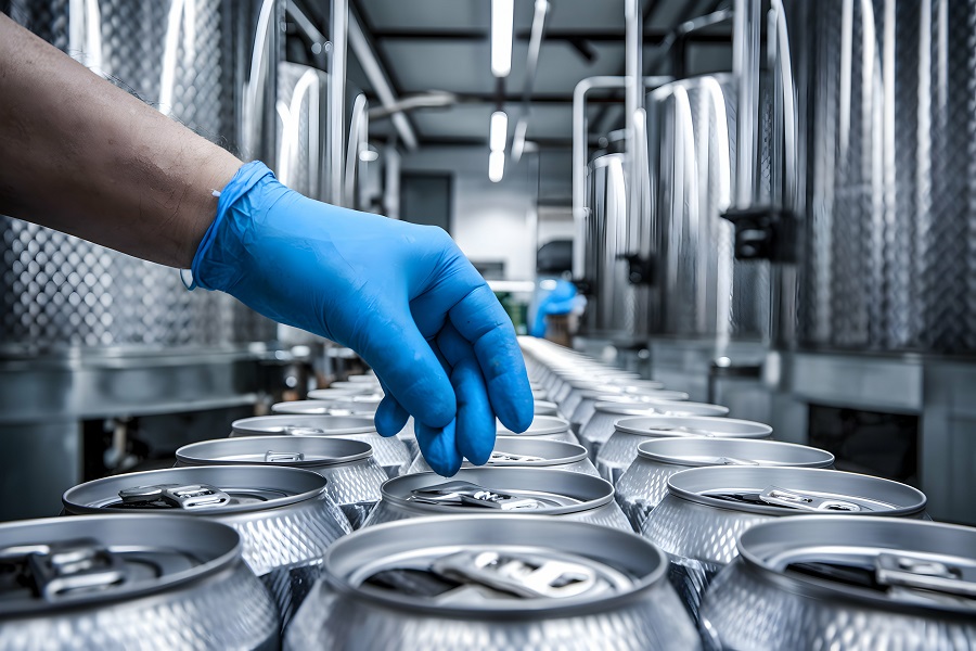 Blue gloved hand inspects silver cans in industrial workshop setting Blue gloved hand inspects silver cans in industrial workshop setting