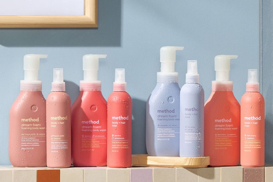 An array of Method body care products on a shelf. An array of Method body care products on a shelf.