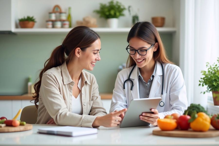 doctor and patient sit and look at document with veggies on table