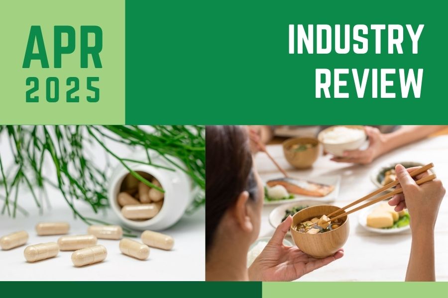 Monthly Industry Review Slider for April with a bottle spilling supplement capsules onto a table and a woman eating tofu out of a wooden bowl with chopsticks.