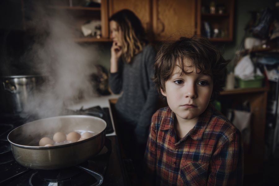 A young boy stands somberly in the kitchen as breakfast is being prepared with a pensive expression.