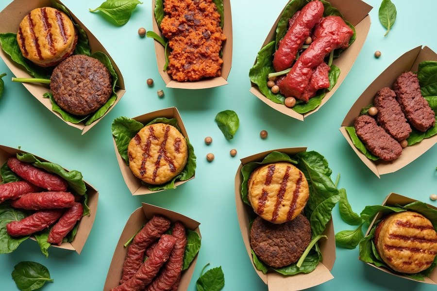 different types of meat analogs against a green background