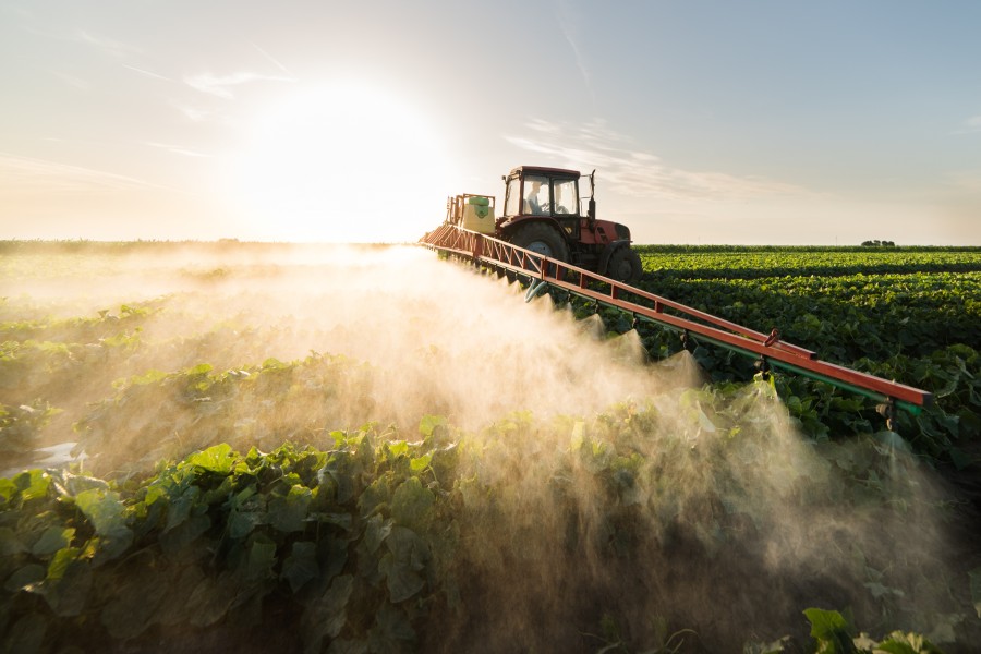 Farmer driving a tractor spraying fertilizer in a field of crops. Farmer driving a tractor spraying fertilizer in a field of crops.