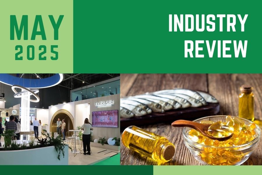 Green graphic with a picture of small fish on a wooden plank and omega 3 capsules, a seperate pic of Vitafoods Europe show room, and the words May Industry Review. Green graphic with a picture of small fish on a wooden plank and omega 3 capsules, a seperate pic of Vitafoods Europe show room, and the words May Industry Review.
