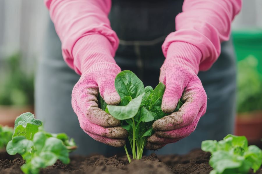 Gardening action hands planting spinach in soil home garden outdoor setting close-up