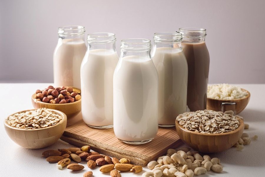 different plant-based milks on a table surrounded by bowls of nuts, oats, rice, and coconuts. different plant-based milks on a table surrounded by bowls of nuts, oats, rice, and coconuts.