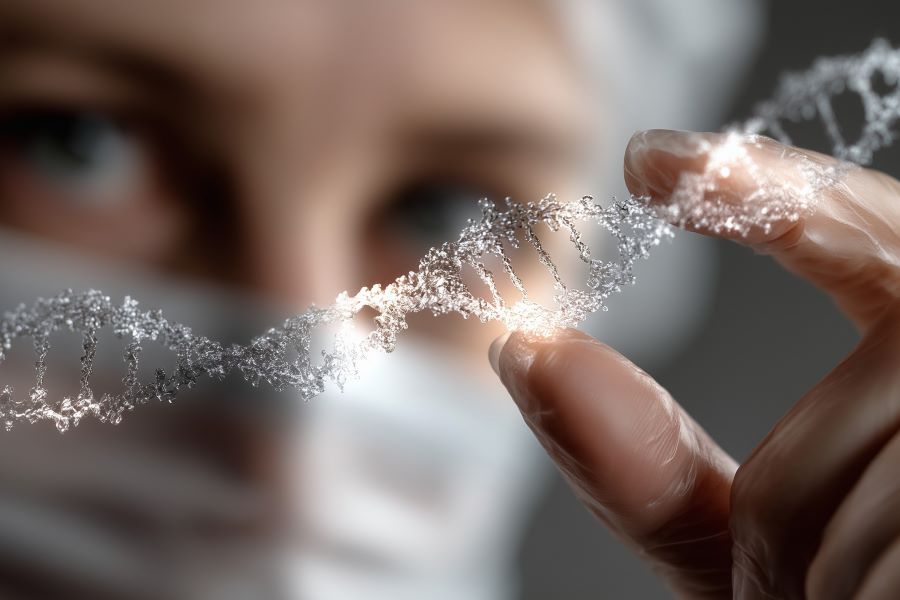 close up of scientist in protective gear holding up a DNA helix model
