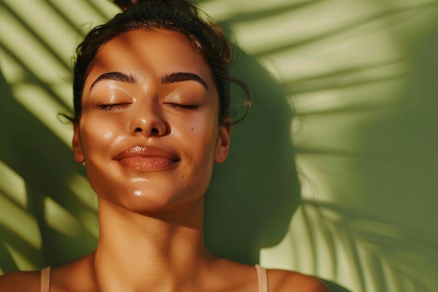A girl smiling in front of a green background with her eyes closed. A girl smiling in front of a green background with her eyes closed.