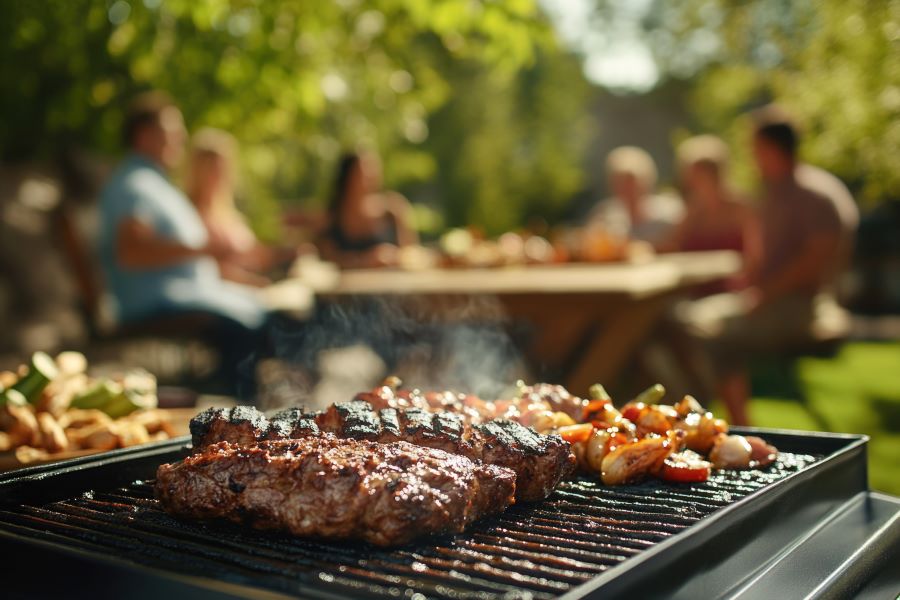 Group of people having barbecue party in the backyard, friends and family enjoying the food and company outdoors