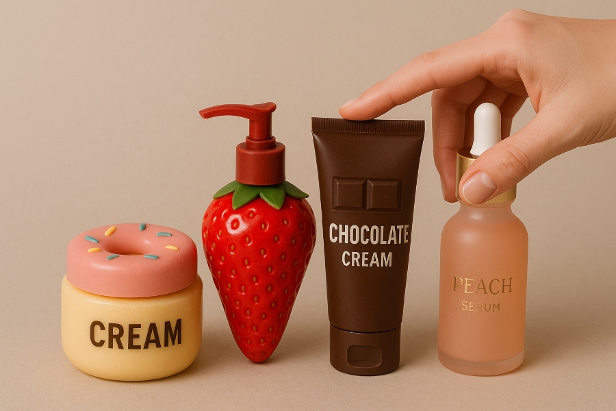 A hand reaching for food-inspired beauty products.