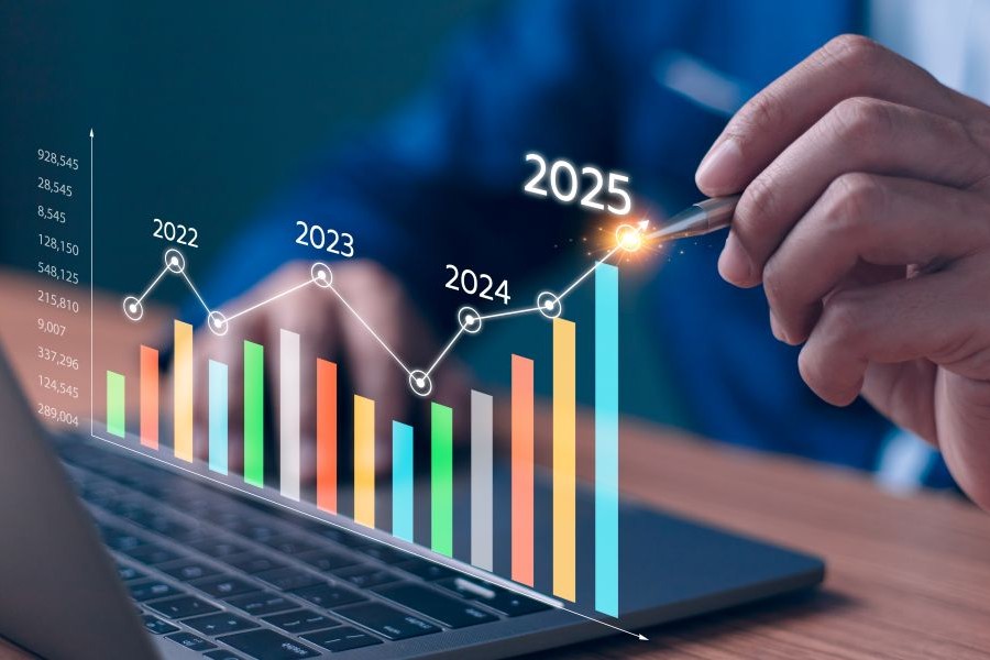 A person tracks financial on a virtual bar graph that extends from 2020 to 2025.