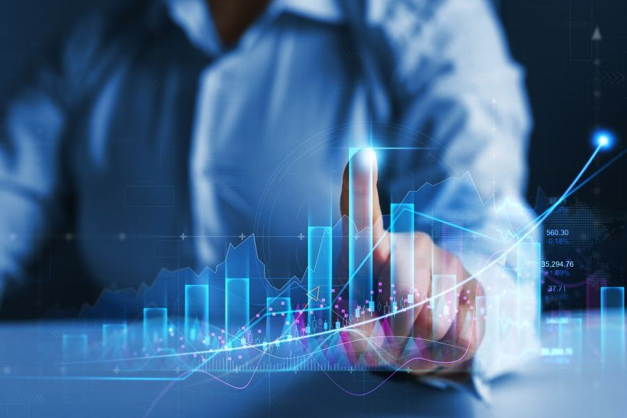 A man clicks on a bar in a virtual graph to better understand the financial information being reported.