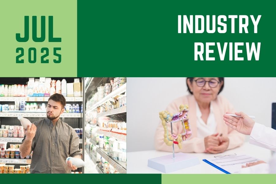 July in review graphic with a man looking at supplements and another with a woman talking with her doctor.