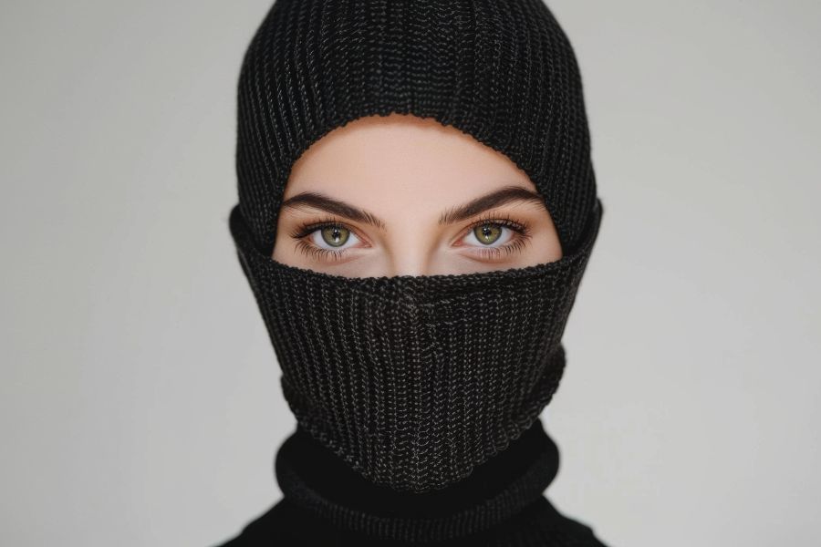 Image A woman wearing a balaclava but you can only see her eyes.