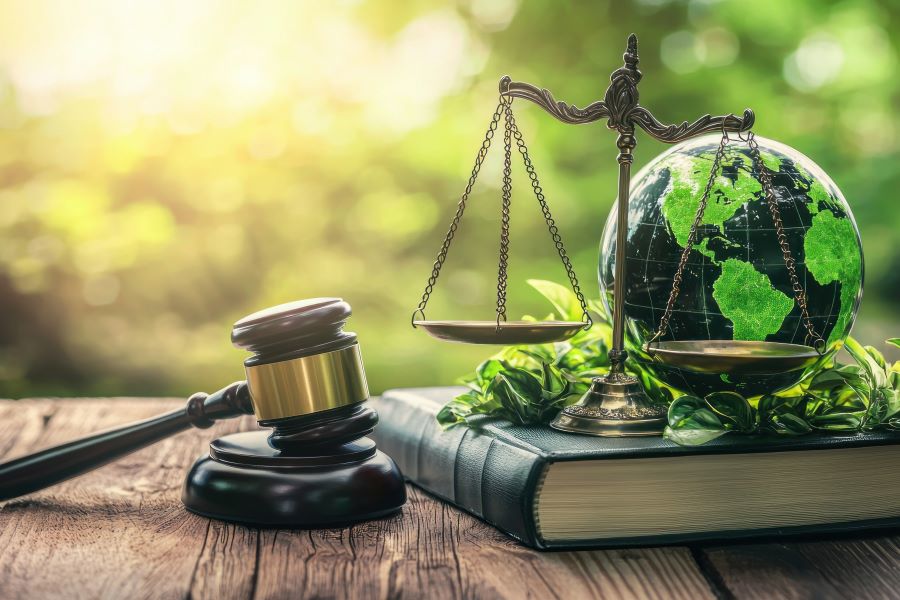 Planet earth behind scales on a book, next to law's hammer Planet earth behind scales on a book, next to law's hammer