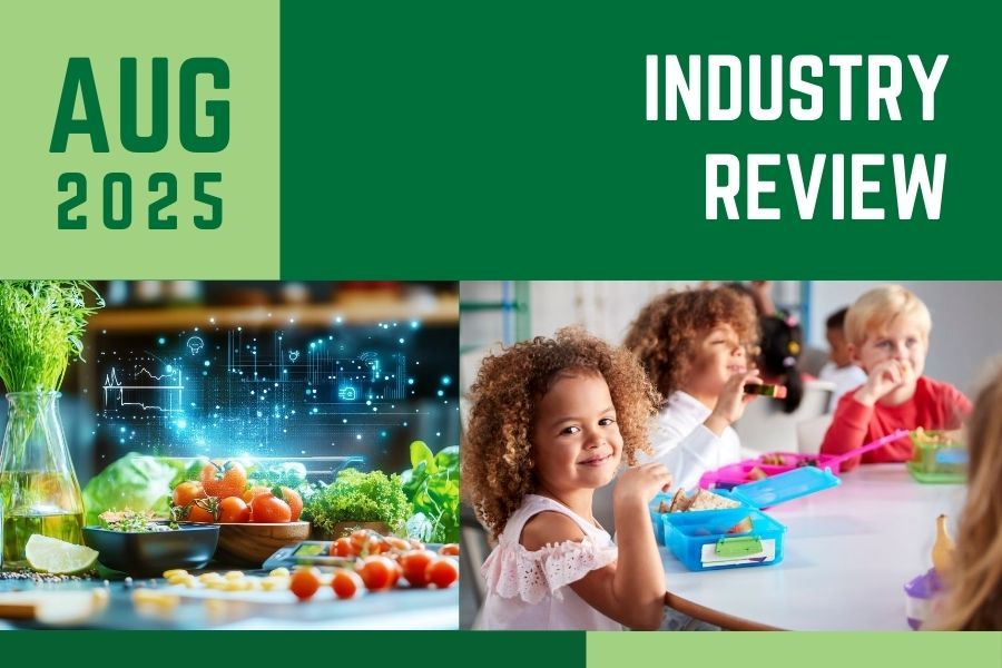 A green graphic that says August In Review with a picture of children lunch at a table at school next to an image of vegetables. A green graphic that says August In Review with a picture of children lunch at a table at school next to an image of vegetables.