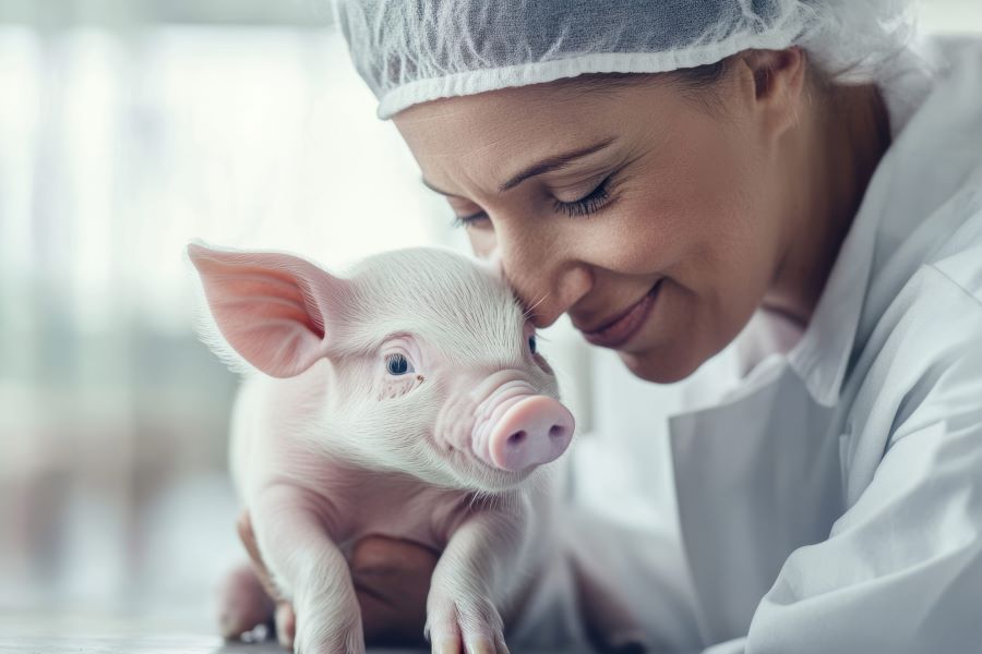 woman in lab coat gently holds a piglet, showcasing the bond between humans and animals woman in lab coat gently holds a piglet, showcasing the bond between humans and animals