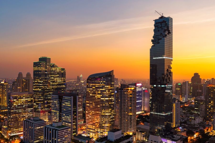 Bangkok, Thailand from the air as the sun sets on the city. Bangkok, Thailand from the air as the sun sets on the city.