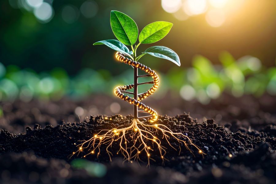 a Cross-Section of Soil Showing Plant Roots Transforming into DNA Helixes