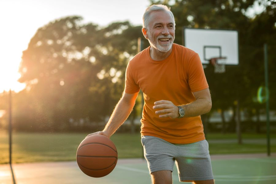 Active senior man happily playing basketball on an outdoor court