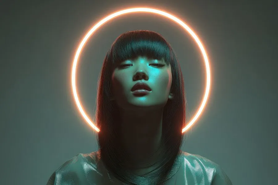 A girl in front of a glowing light ring.