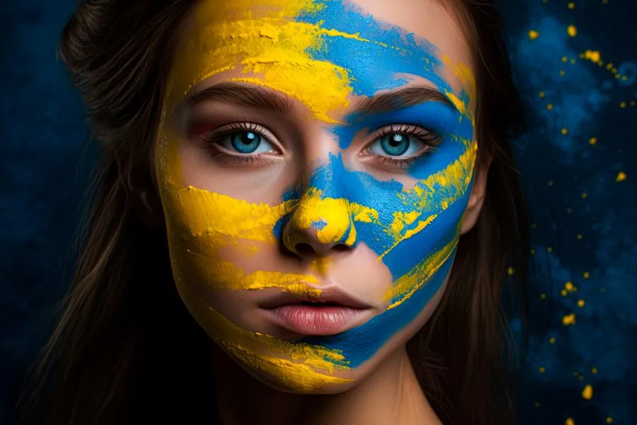 A girl with her face one side yellow and the other blue.