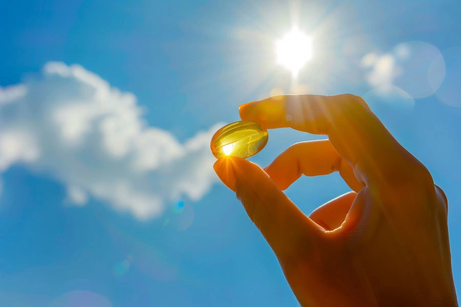 Holding yellow supplement in sunshine Holding yellow supplement in sunshine
