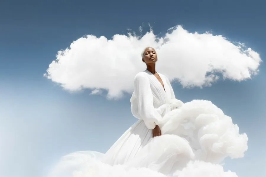 A woman wearing a white dress with clouds all behind her.