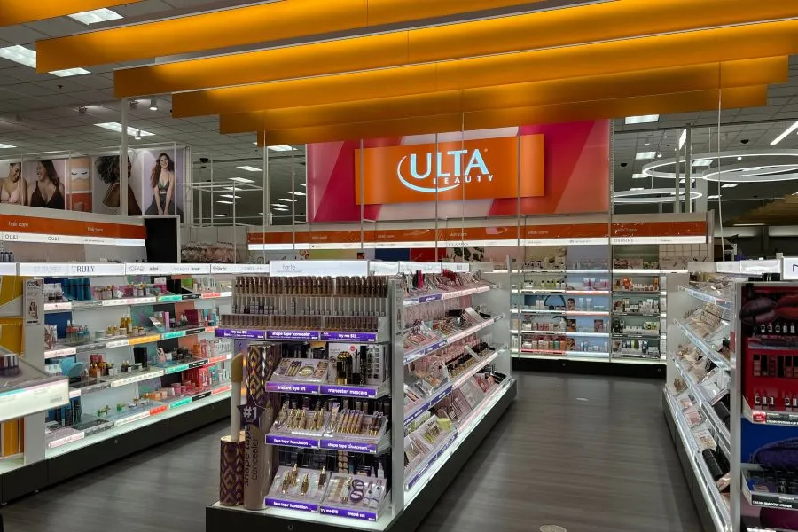 An Ulta Beauty store from inside with beauty shelves on display.