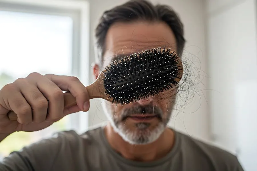 man experiencing hair loss hairs on brush