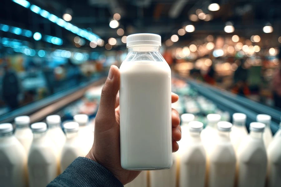 Holding milk in bottle. Holding milk in bottle.
