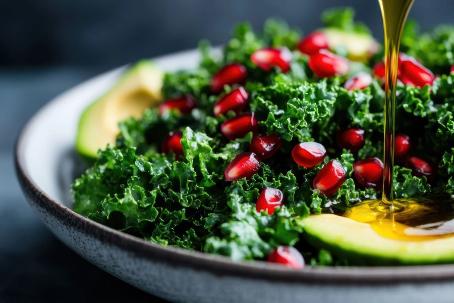 healthy kale salad adorned with pomegranate seeds and a drizzle of olive oil