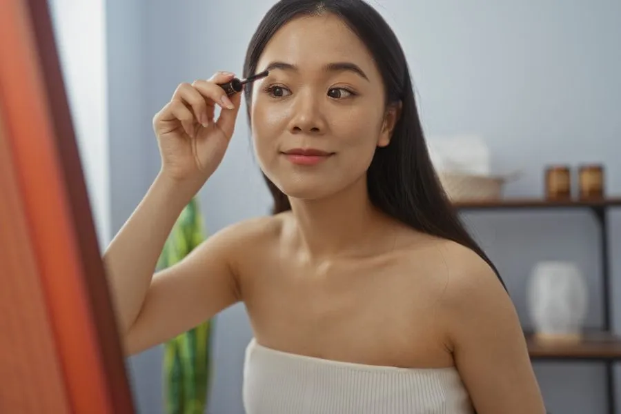 An Asian woman doing her eyebrows.
