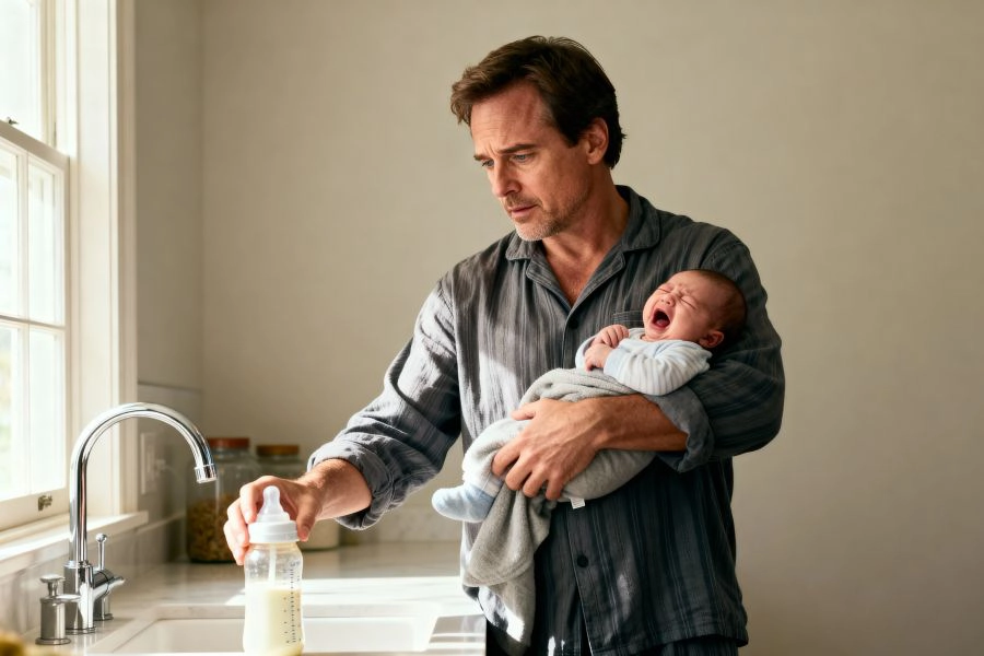 father preparing baby bottle while soothing crying infant in kitchen father preparing baby bottle while soothing crying infant in kitchen