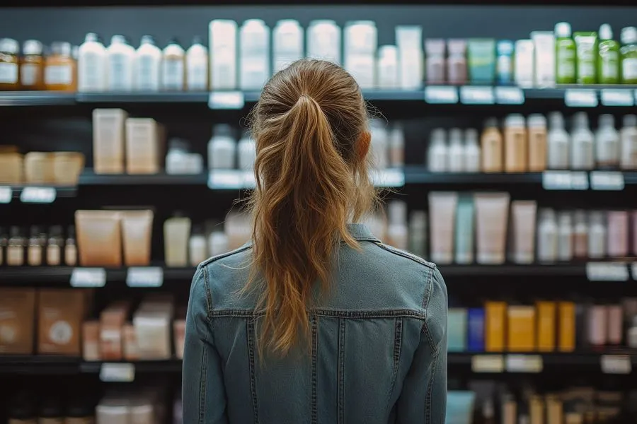A woman standing in front of shelves packed with personal care products.