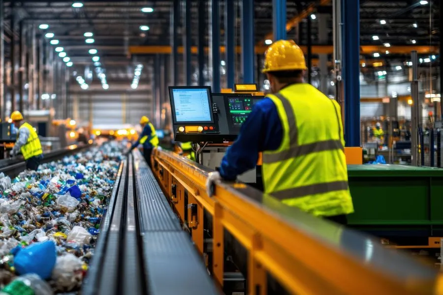 Image A person in a yellow vest and helmet working on a conveyor belt