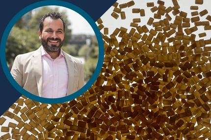 Image RAWS Americas video thumbnail: Smiling man in a blazer beside a close-up pattern of amber-colored plastic pellets